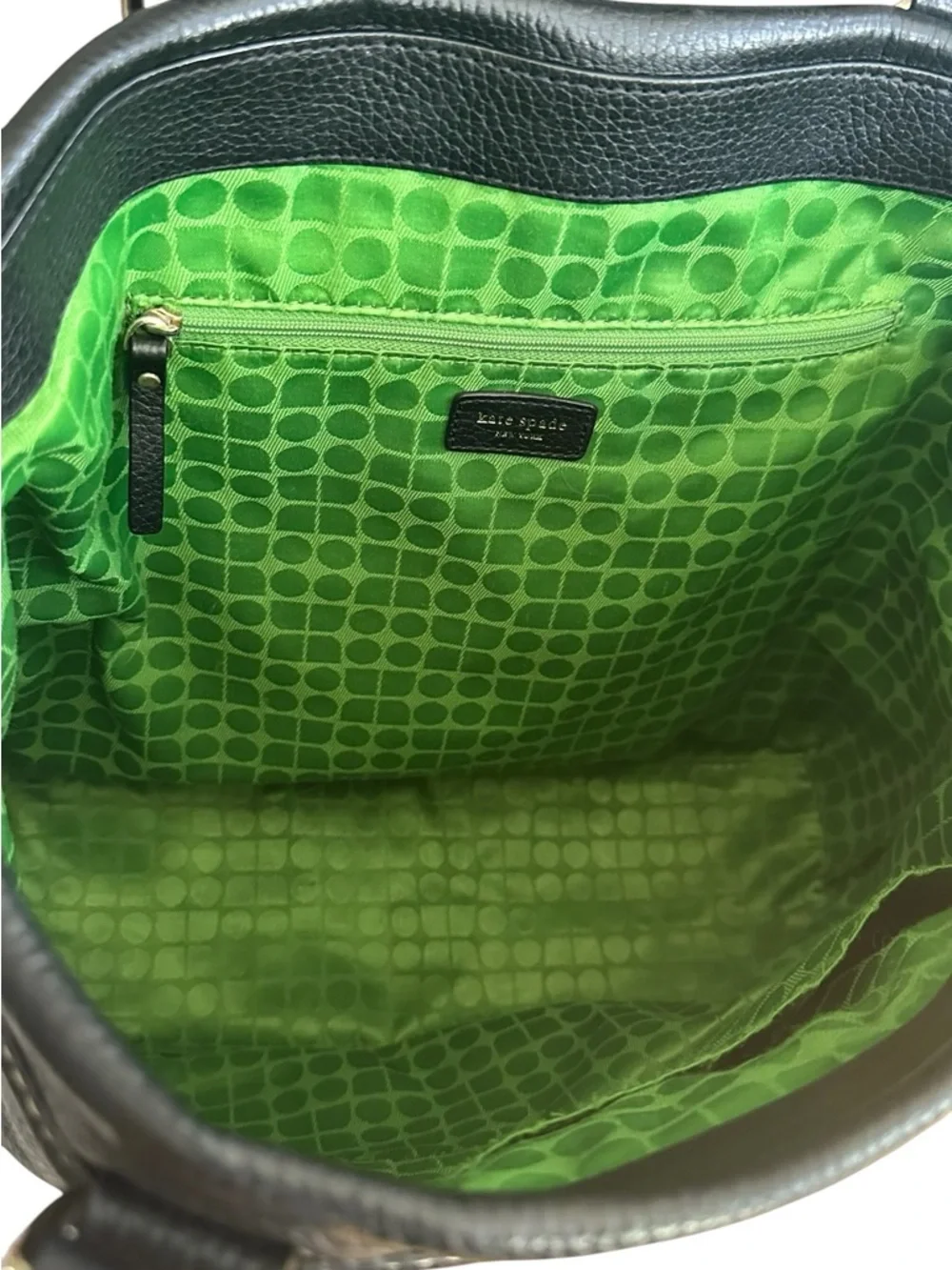 ✨ Kate Spade Black Pebbled Leather Tote Green Lining Shoulder Bag Large EUC
